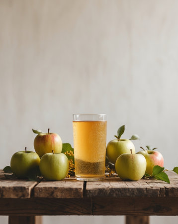 AI Generated. Refreshing golden cider in glass with fresh apples on wooden tableの素材