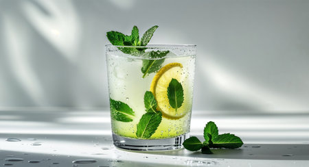AI Generated. Refreshing Lemon Lime Soda with Fresh Mint in Clear Glassの素材