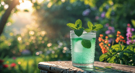 AI Generated. Refreshing summer drink with mint garnish in a sunlit garden settingの素材
