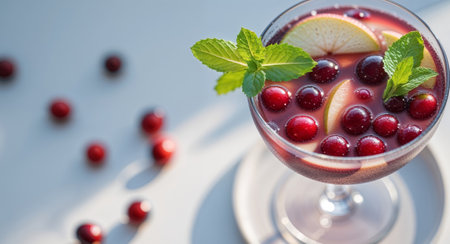 AI Generated. Refreshing cranberry apple sangria garnished with fresh mint and cranberriesの素材