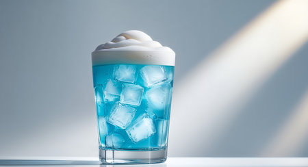 AI Generated. Refreshing cold beverage in glass with ice and foam on topの素材