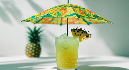 AI Generated. Refreshing Tropical Drink with Pineapple and Colorful Umbrellaの素材
