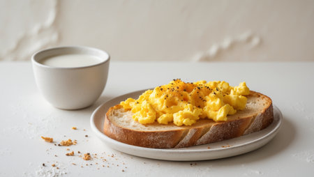 AI Generated. rustic breakfast toast with scrambled egg yolks and milkの素材