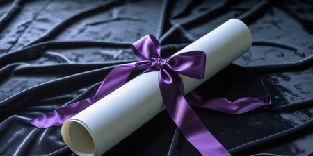 AI Generated. Rolled diploma with purple ribbon on a black velvet backgroundの素材