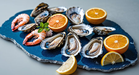 AI Generated. Seafood and citrus fruit display on blue stone ideal for culinary inspirationの素材
