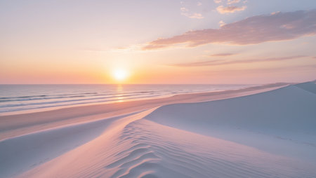 AI Generated. Serene Coastal Landscape with White Sand Dunes and Ocean at Sunsetの素材