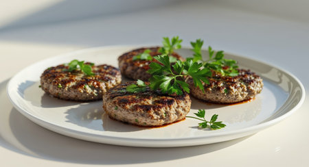 AI Generated. Savory Grilled Patties with Fresh Parsley Garnish on a White Plateの素材
