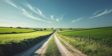 AI Generated. Scenic Country Lane Between Lush Green Fields and Blue Skyの素材