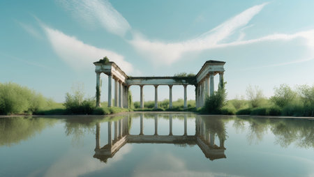 AI Generated. Serenity of nature reflected in calm water at an abandoned structure during the dayの素材