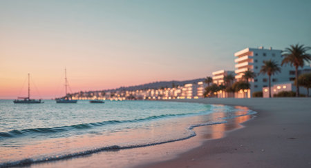 AI Generated. Serene coastal sunset view with illuminated town along the shoreline and tranquil watersの素材