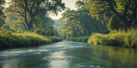 AI Generated. Serene Journey of Crystal Clear River Flowing Gently Through Natureの素材