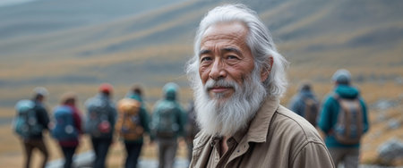 AI Generated. Senior man with a white beard on the background of a group of hikersの素材