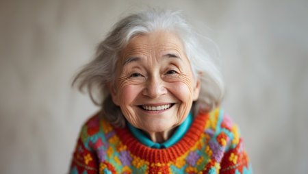 AI Generated. A whimsical elderly character wearing a colorful and vibrant sweater adds charm and joyの素材