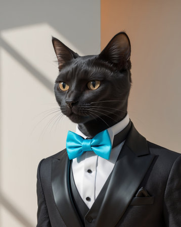 AI Generated. A Stylishly Dressed Cat Character Exhibiting Confidence in Formal Attire with Bow Tieの素材