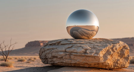 AI Generated. Silver sphere on a rock in a desert landscapeの素材
