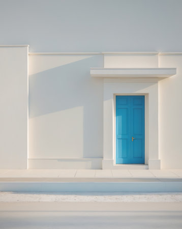 AI Generated. Street with a white house and blue doorsの素材