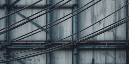 AI Generated. Sturdy steel cables suspended on industrial wind wallsの素材