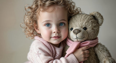 AI Generated. Toddler girl with blue eyes hugs teddy bear wearing knitwearの素材