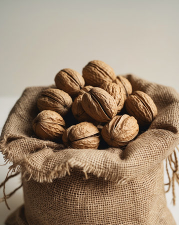 AI Generated. Walnuts in their shells nestled in a burlap sackの素材