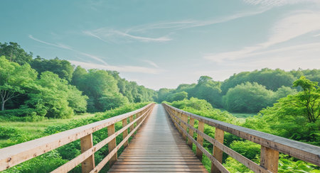 AI Generated. Wooden bridge lush green landscape capturedの素材