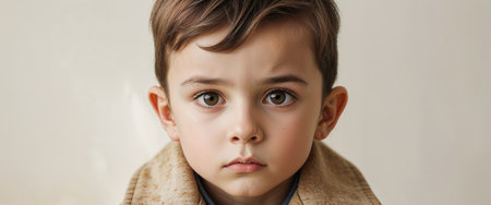 AI Generated. Young boy stares intently from behind a coat collar for advertisement or blog useの素材