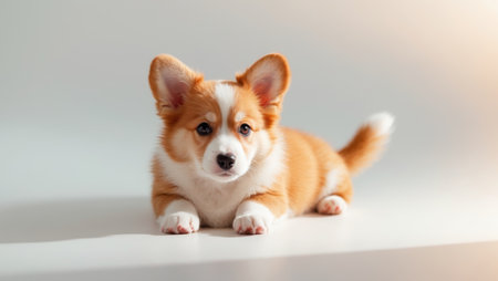 AI Generated. Adorable Red and White Cardigan Welsh Corgi Puppy Lying Downの素材