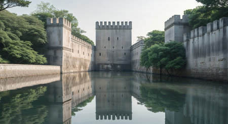 AI Generated. Ancient Fortress with Towering Stone Walls Surrounded by Tranquil Water and Lush Greeneryの素材