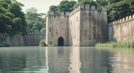 AI Generated. Ancient Fortress with Towering Stone Walls Surrounded by Tranquil Water and Lush Greeneryの素材