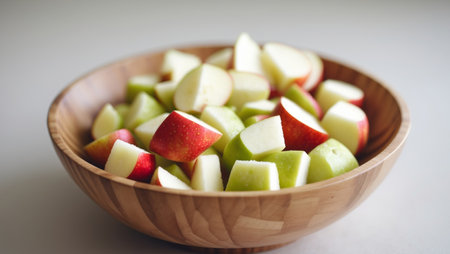 AI Generated. Apple cubes freshly cut and piled in a wooden bowl ready for snacking or bakingの素材
