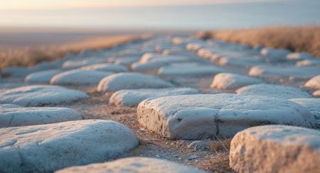 AI Generated. Ancient Stone Pathway Leading Toward a Horizon with Weathered Texture and Rustic Charmの素材