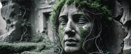AI Generated. Ancient stone face emerging from ruins with moss and vines covering its surfaceの素材