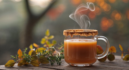 AI Generated. Autumn drink with apple cider brown sugar rim cinnamon and thyme perfect for fall in a rustic settingの素材