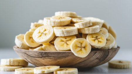 AI Generated. Banana slices piled high in a wooden bowl offer a healthy and convenient snackの素材