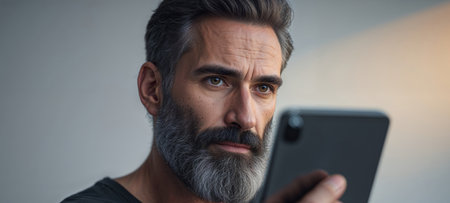 AI Generated. Bearded Man Engaged In Digital Display Interactionの素材