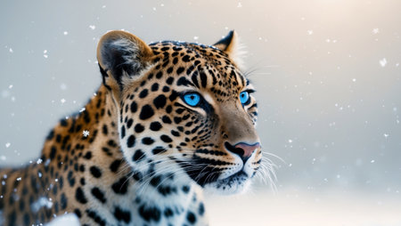 AI Generated. Beautiful leopard with blue eyes looking into the distance during a snowfallの素材