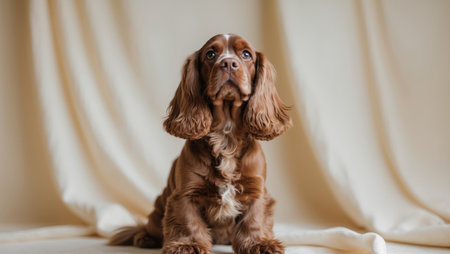 AI Generated. Beautiful Brown Cocker Spaniel Sitting and Looking Upの素材