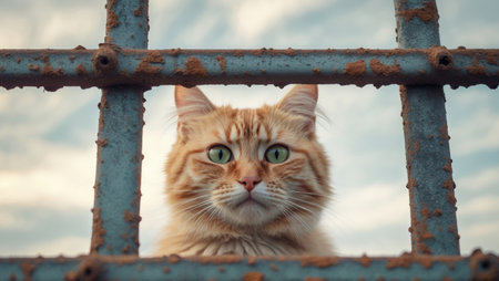AI Generated. Curious cat peering through a metal fenceの素材