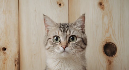 AI Generated. Curious Cat with Big Eyes Staring in Front of Wooden Backgroundの素材