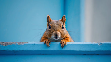 AI Generated. Curious squirrel peeking from behind a blue wallの素材