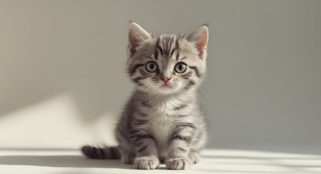 AI Generated. Cute tabby kitten sitting calmly with big eyesの素材