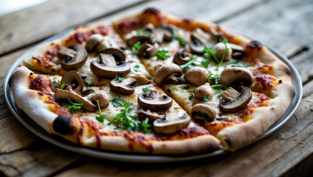 AI Generated. Delicious chicken mushroom pizza on wood tableの素材