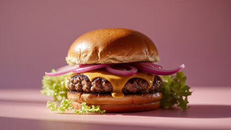 AI Generated. Delicious cheeseburger on pink backgroundの素材