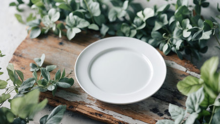 AI Generated. Empty White Plate on Rustic Wooden Board Surrounded by Greeneryの素材