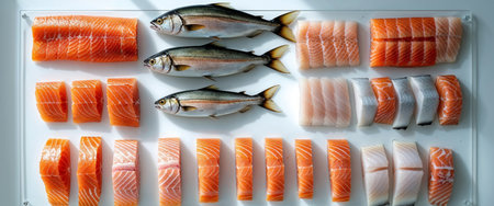 AI Generated. Neatly arranged fillet slices of different fish types on transparency backgroundの素材