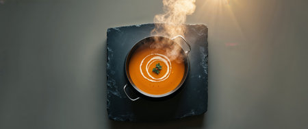 AI Generated. Overhead View of a Pot of Orange Soup on a Dark Surfaceの素材