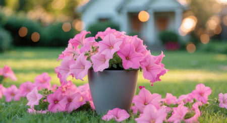 AI Generated. Pink Petunias in Gray Pot Garden House Lawnの素材