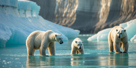 AI Generated. Polar Bears in Melting Glacier Pools with Soft Lightingの素材