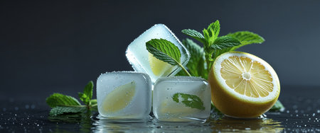 AI Generated. Refreshing Lemon Ice Cubes with Mint on Dark Backgroundの素材
