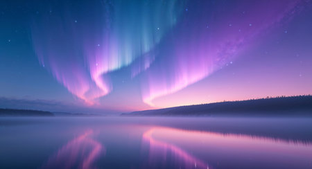 AI Generated. A misty lake reflecting the stars and northern lights beautifullyの素材