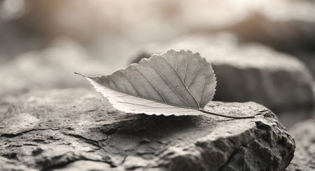 AI Generated. A leaf resting on a natural rock surface in an outdoor setting emphasizing earthy texturesの素材